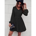 thumbnail image 3 of V Neck Swiss Dot Long Sleeve Pleated Dress Above Knee Length, 3 of 3