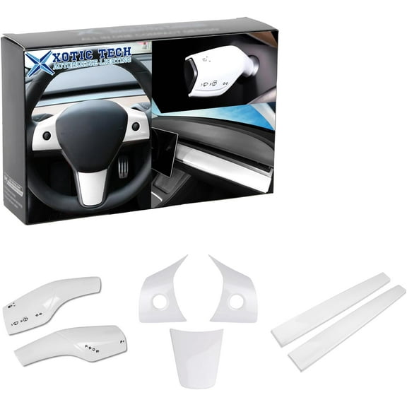 Xotic Tech Set Glossy White Interior Center Console Stripe Paddle Shifter Cover Steering Accessories Cover Trim Combo Kit, Compatible with Tesla Model 3 Y 2017-2023
