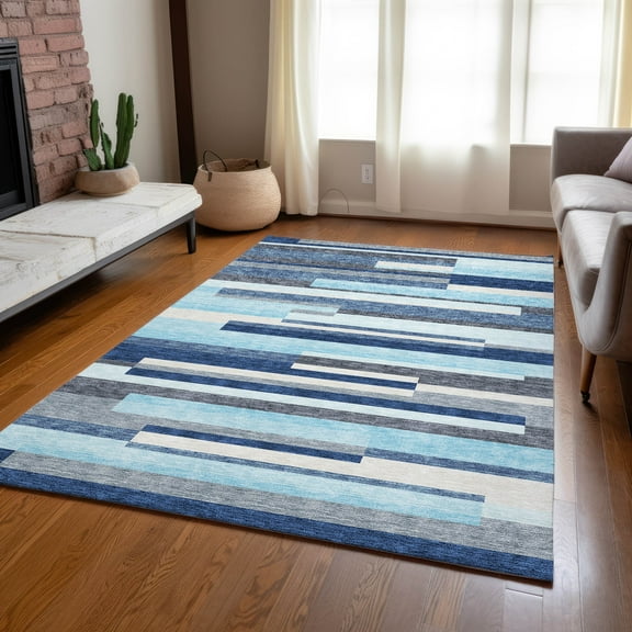Addison Rugs Chantille Indoor/Outdoor Transitional Stripes Blue Washable Rectangle Rug, 2'6" x 3'10"