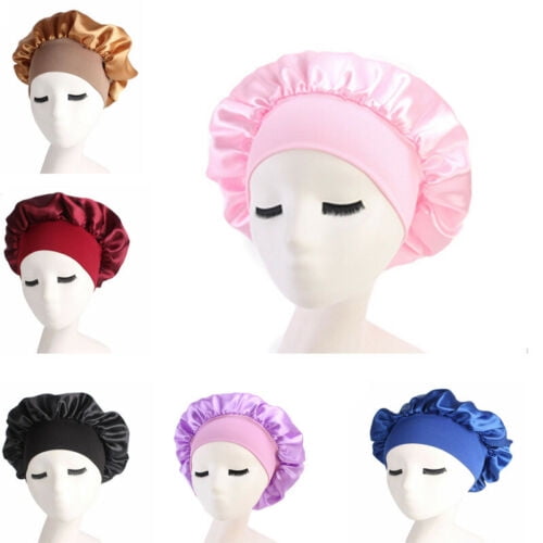 US Soft Silk Satin Night Sleep Cap Hair Bonnet Hat Head Cover Wide Band ...