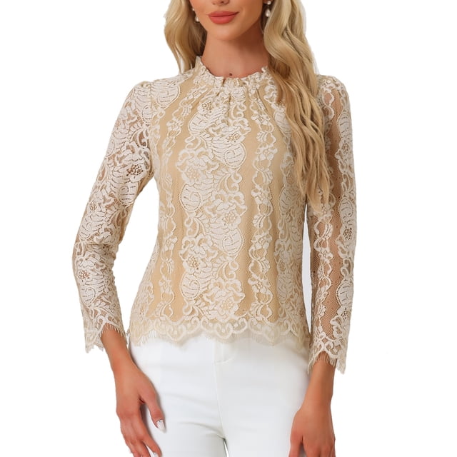 INSPIRAR CHIC Blusa elegante de mujer con encaje, manga larga, cuello con volantes y dobladillo peplum, color melocotón blanco, talla XS