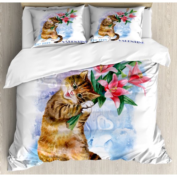 Valentines Day Decor Queen Size Duvet Cover Set, Be My Valentine Little Cute Baby Kitten with Garden Flowers Print, Decorative 3 Piece Bedding Set with 2 Pillow Shams, Multicolor, by Ambesonne