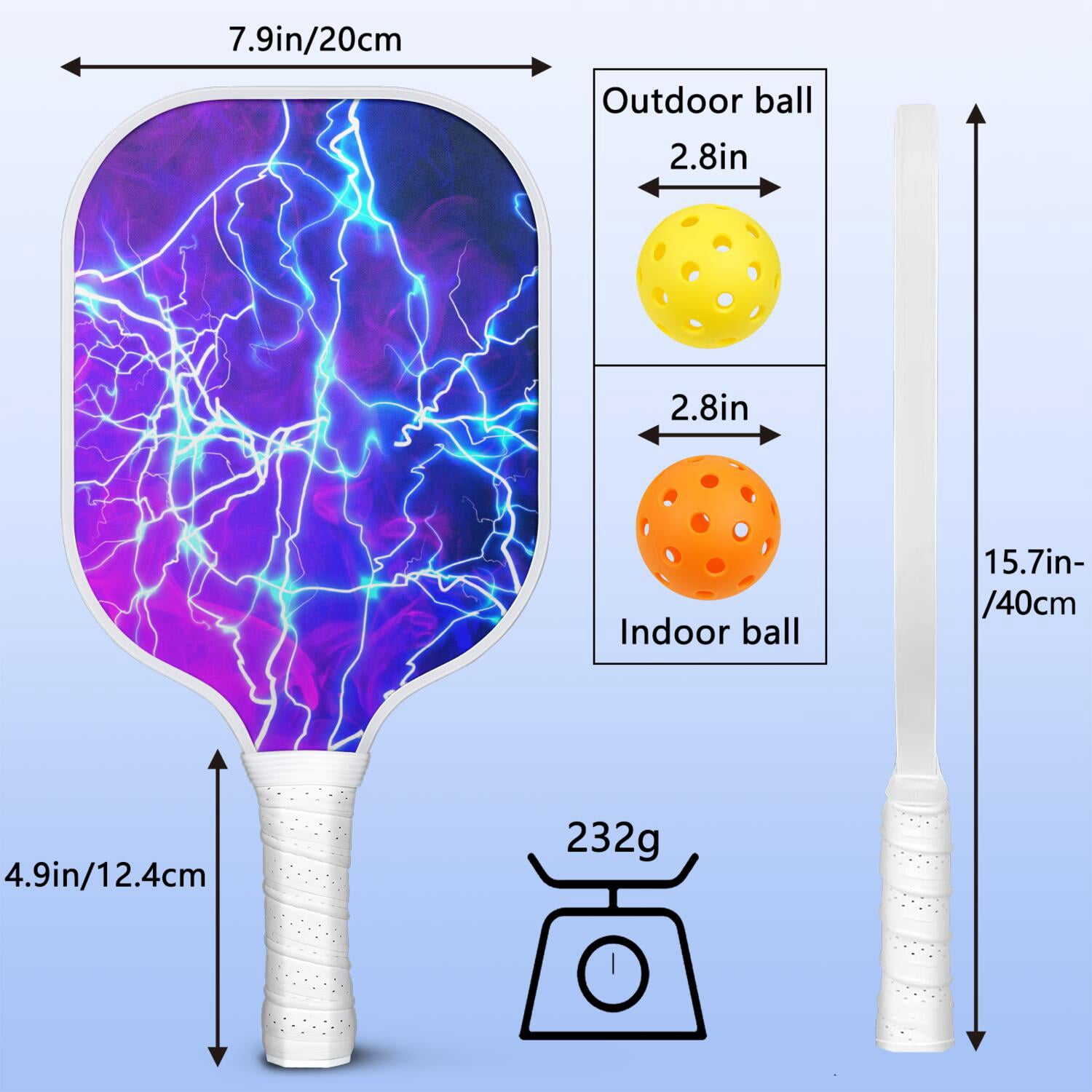 Pickleball Paddles Set Of 1, Fiberglass Surface, Thunder Print, 1 Paddle, 2 Balls & Bag