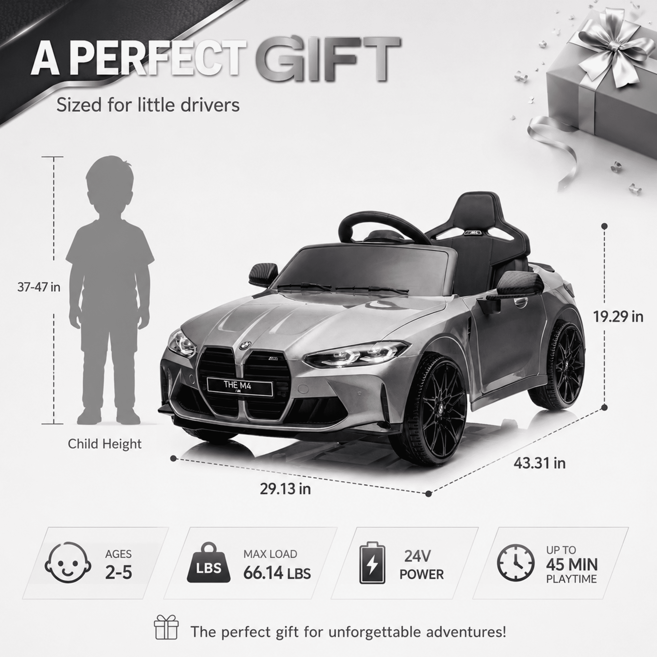 BMW M4 Kids Ride on Car Toy with Remote Control, 24V Powered Ride on Toys Cars W/Bluetooth/USB/MP3, Battery Display, LED, Handle with Wheels & Pull, Electric Car for Boy Girl, Gray