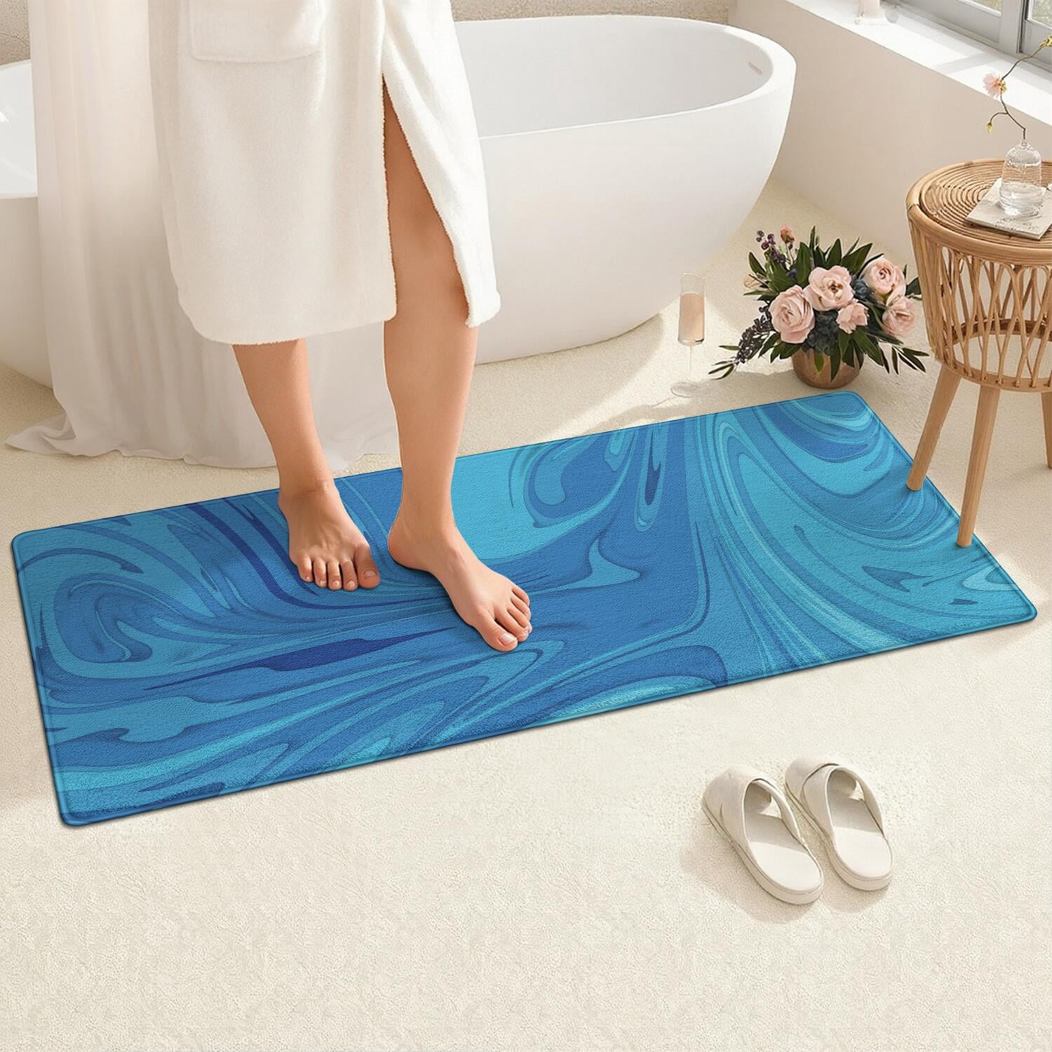 24x60 Inch Ultra Soft Faux Bath Mat Non Slip Absorbent Microfiber Bathroom Rug, Liquid & Marble Print