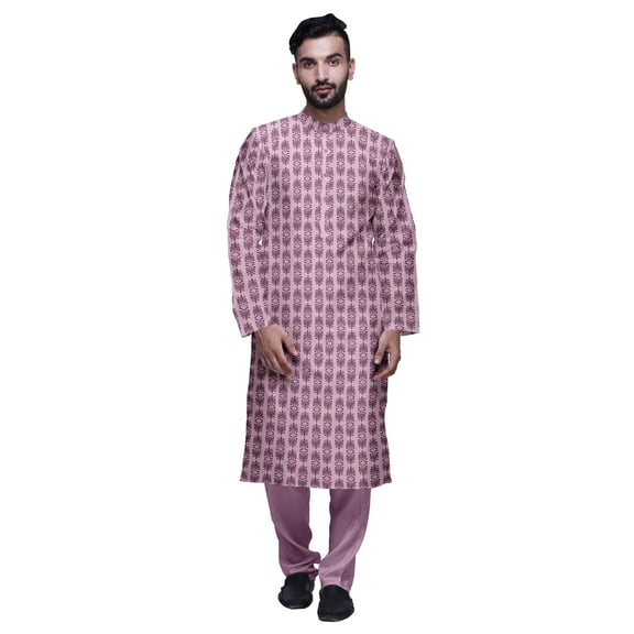 Atasi Button Placket Satin Slub Printed Mens Kurta With Churidar Kurta