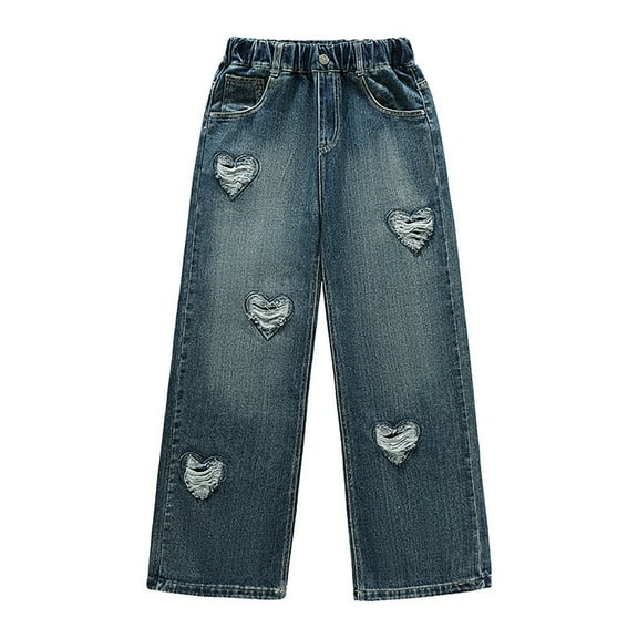 GBSYEWXS Toddler Children Girls Jeans Size 6 Years--7 Years Wide Leg Ankle-Length Ripped Elastic Waist Fashion Relaxed Light Blue Denim Pant