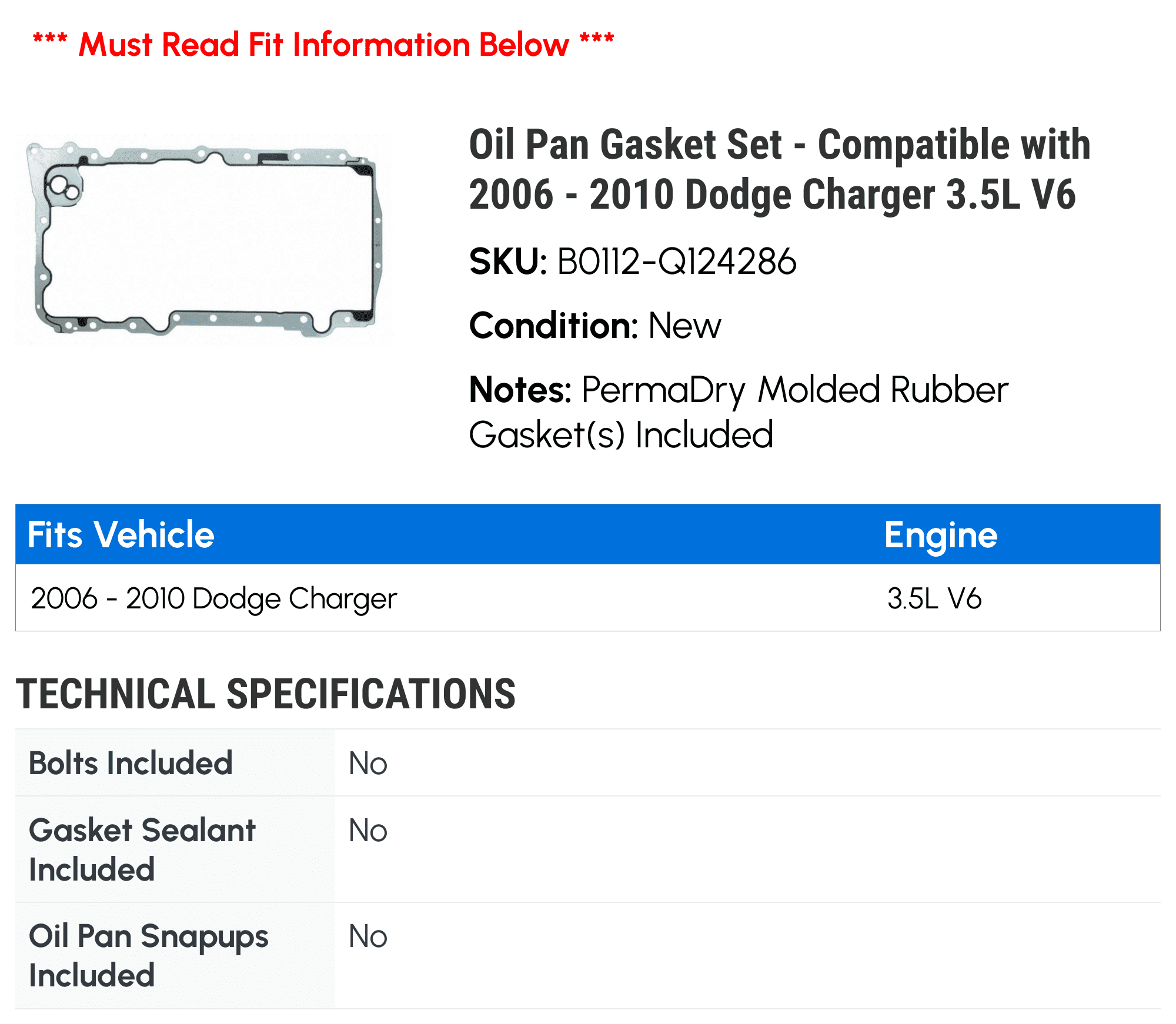 Oil Pan Gasket Set - Compatible with 2006 - 2010 Dodge Charger 3.5L V6 2007 2008 2009
