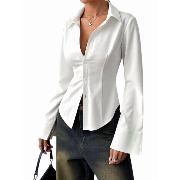 Women'S Collared Waist Pleated Flare Long Sleeve Fitted Shirt White XL