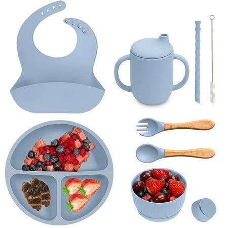 

6pcs Silicone Baby Feeding Set Baby Led Weaning Supplies Baby Plate Set of Suction Bowl and Divided Toddler Plate Baby Spoon Fork Bib Sippy Cup with Straw and Lid Food Grade BPA Free Blue