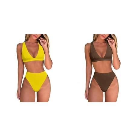 (2-Pack) 2025 New Womens High Waisted Thong Women S Bathing Suits Bikini Setsy Brazilian Plus Size Swim for Women Triangle Top Deep V Ladies Bathing Suit Neck Two Piece Swimsuit Bathing