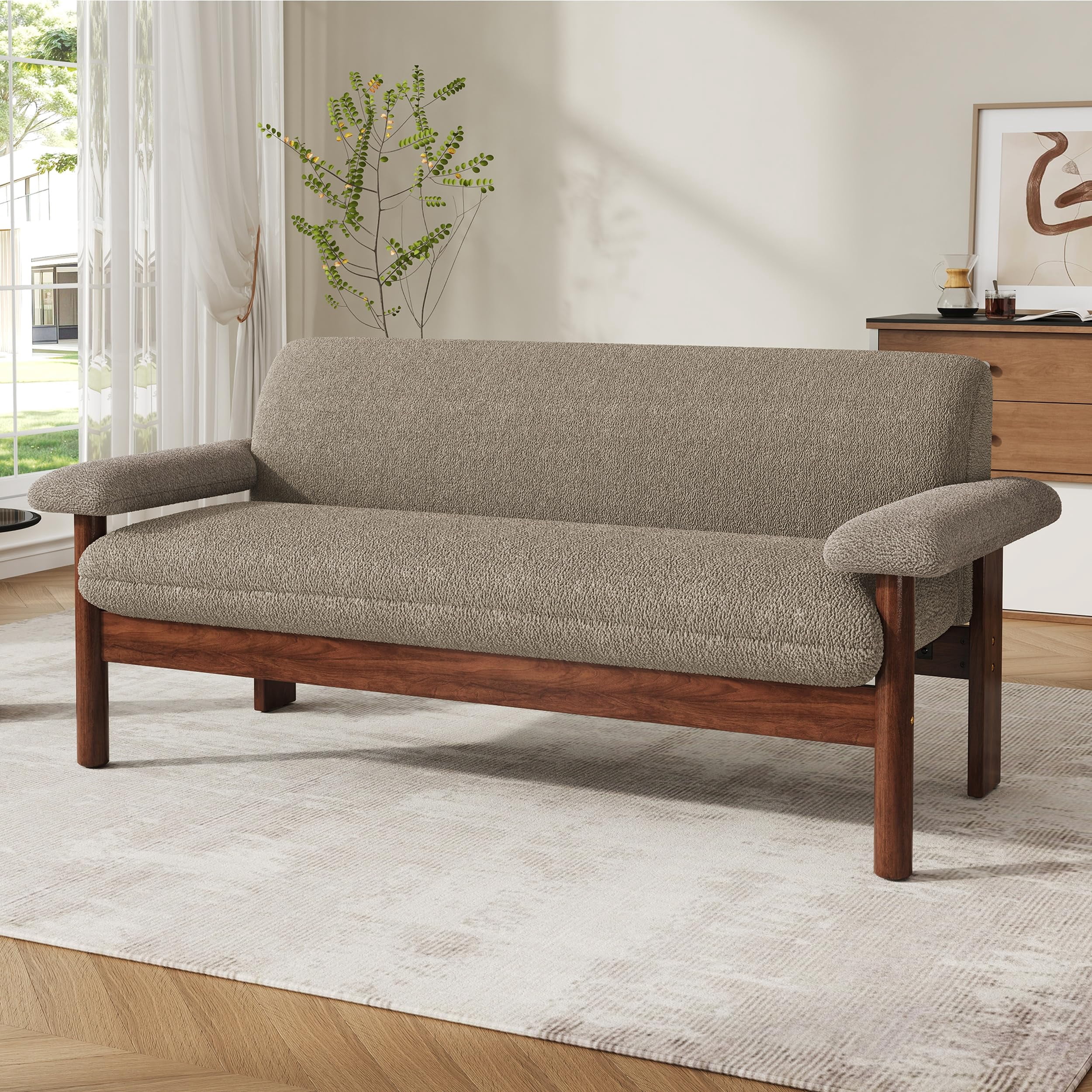 Modern 2-Seater Loveseat Sofa in Brown with Armrest Pillows, Berber Fleece Upholstery, Rubberwood Frame, Compact Couch for Living Room or Small Space, Cozy & Ergonomic Design