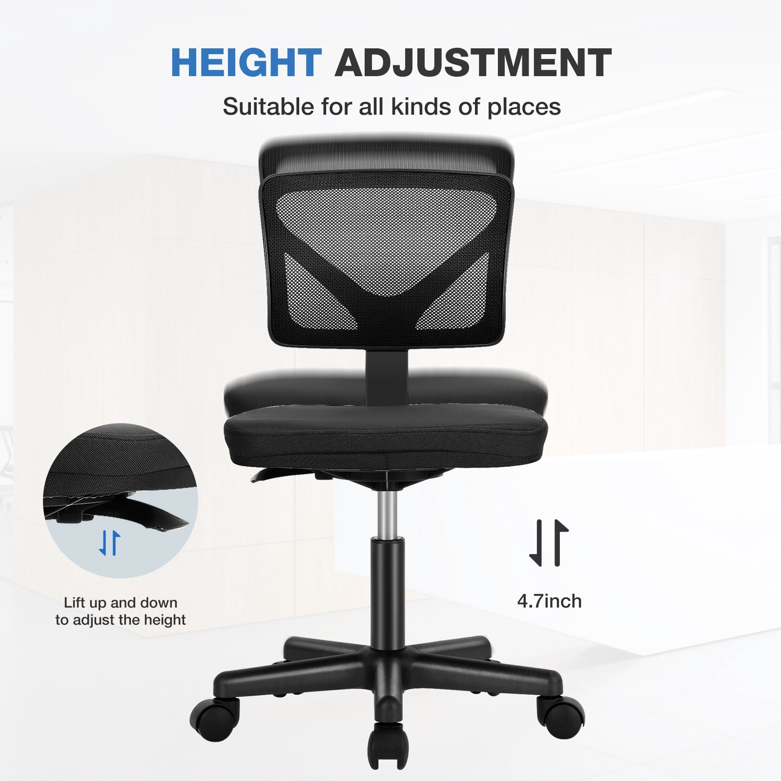 JOINSUN Armless Home Office Desk Chair for Small Space, Adjustable Height, Swivel Rolling Mesh Computer Chair, Black
