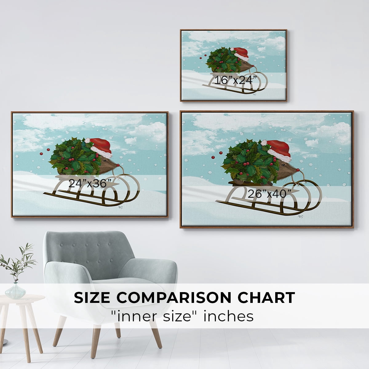 Christmas Holly Hedgehog Sledding - Framed Gallery Wrapped Holiday Canvas - 25 x 37 - Rosewood Frame