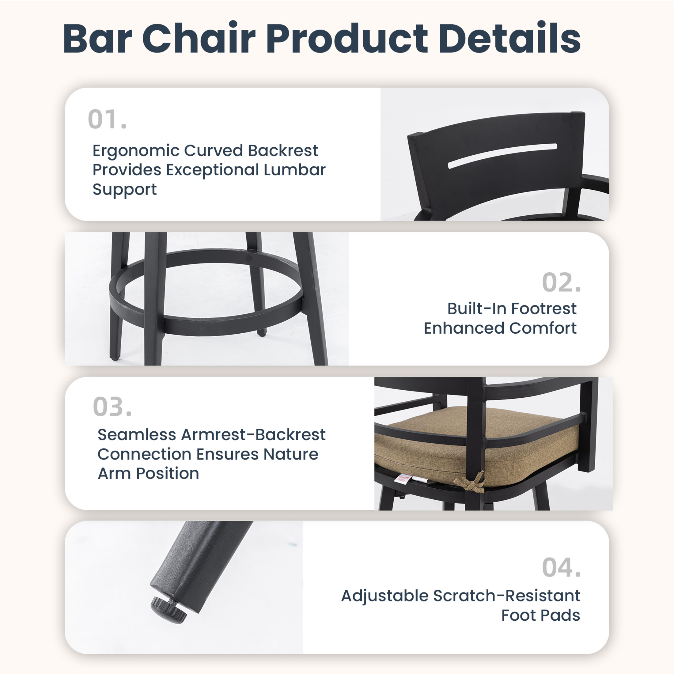 Noble House Aluminum 360° Swivel Bar Chairs, Ergonomic Backrest, Sunbrella Linen Sesame, Ember Black, Set of 2
