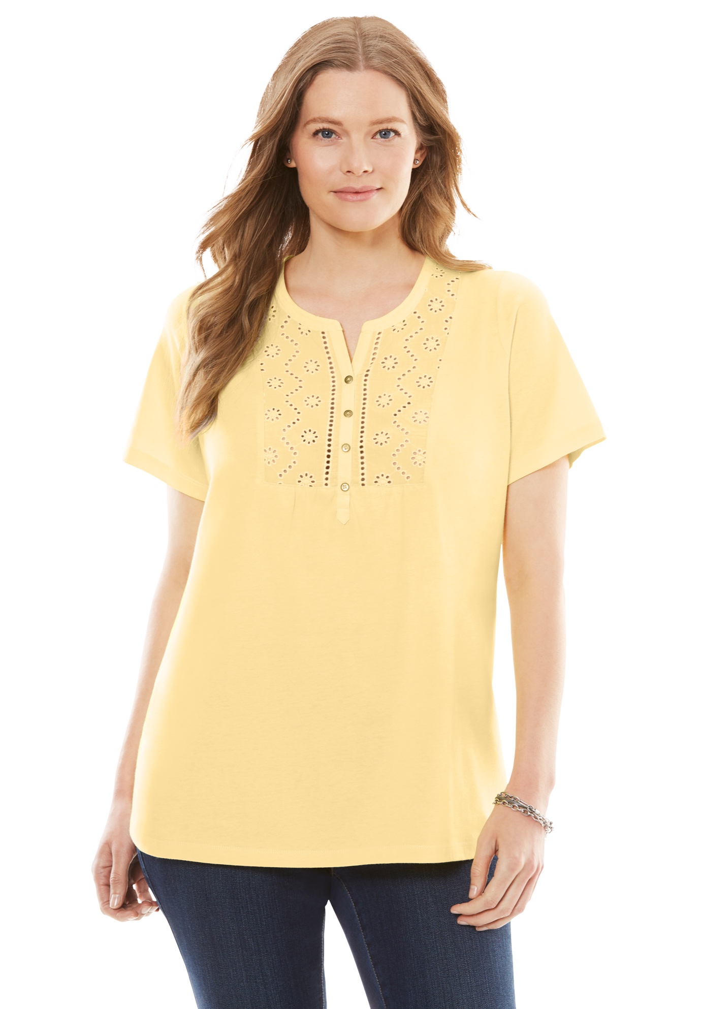 Woman Within Womens Plus Size Eyelet Henley Tee Henley Shirt