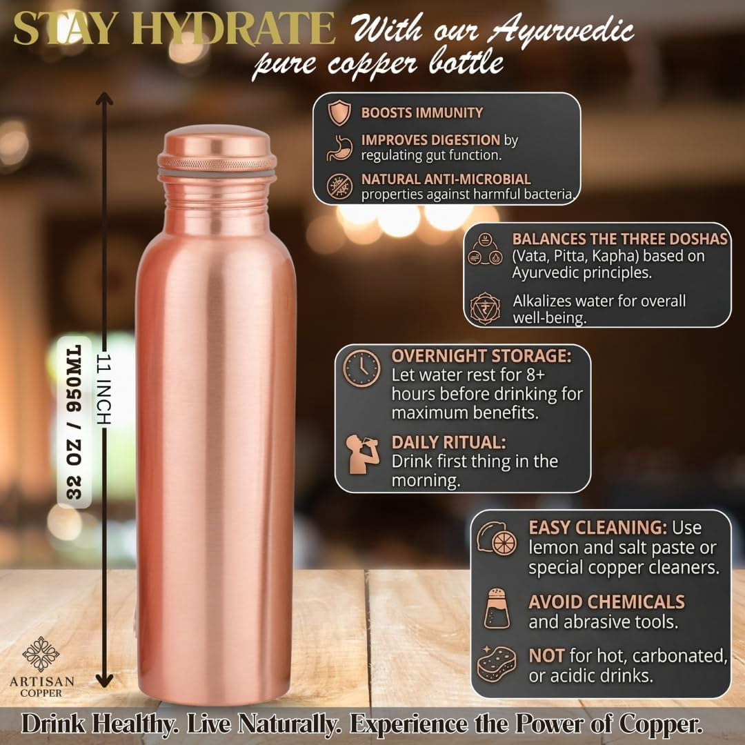 Artisan Copper Ayurvedic Copper Water Bottle 32oz Handcrafted Hammered Botte for Driking with Tumbler and Wooden Brush Leak Proof and Reusable Water Vessel