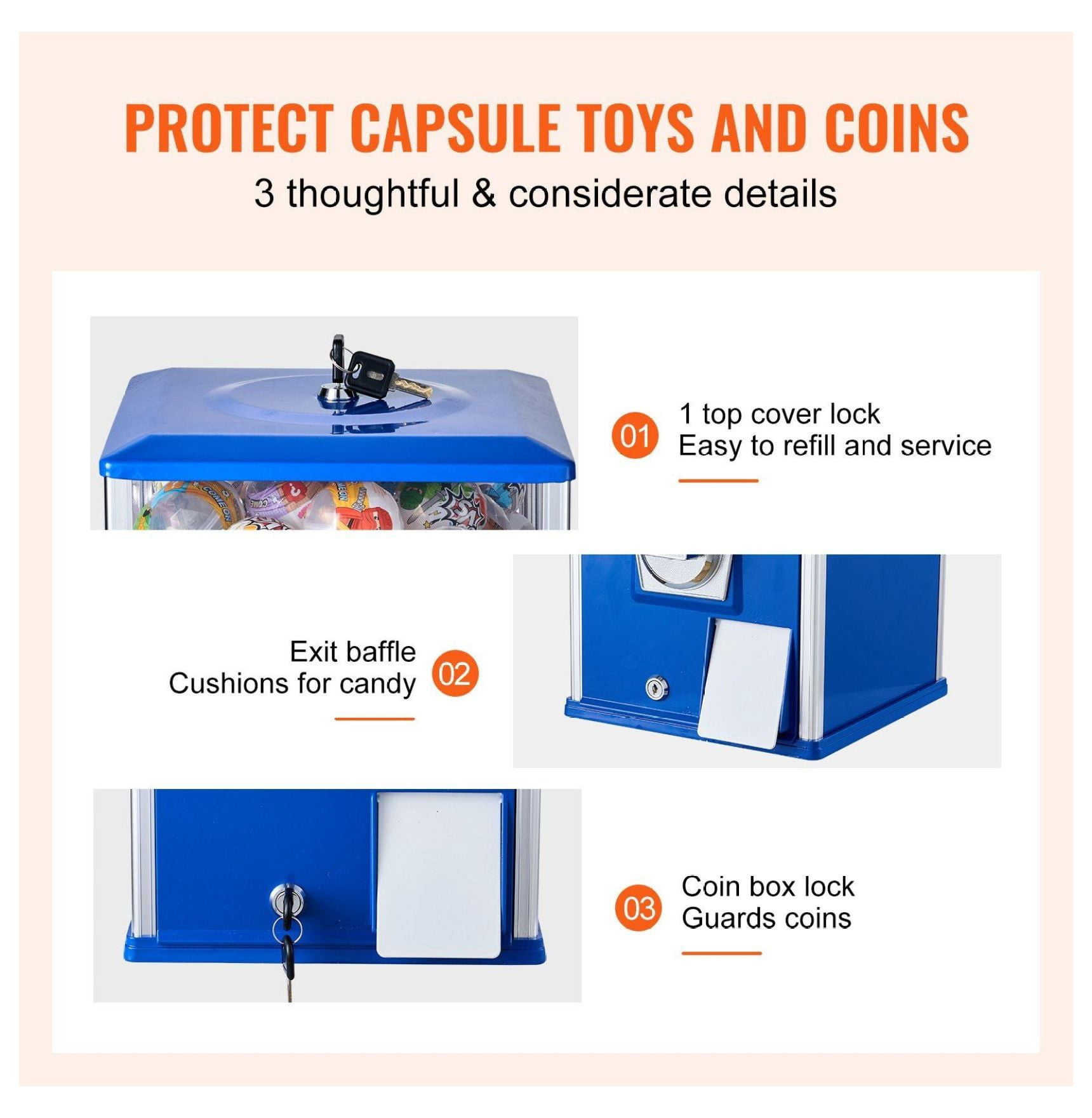 Gumball Machine 25" Vending Dispenser, Blue PS Capsule Toy Bank, 230 Count, Coin Operated, Durable Bouncy Ball Machine for Home & Business