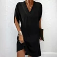thumbnail image 4 of Vestido de verano de media manga de murciélago con cuello en V para mujer, vestido elegante, vestido informal de viaje de Color sólido, 4 of 4