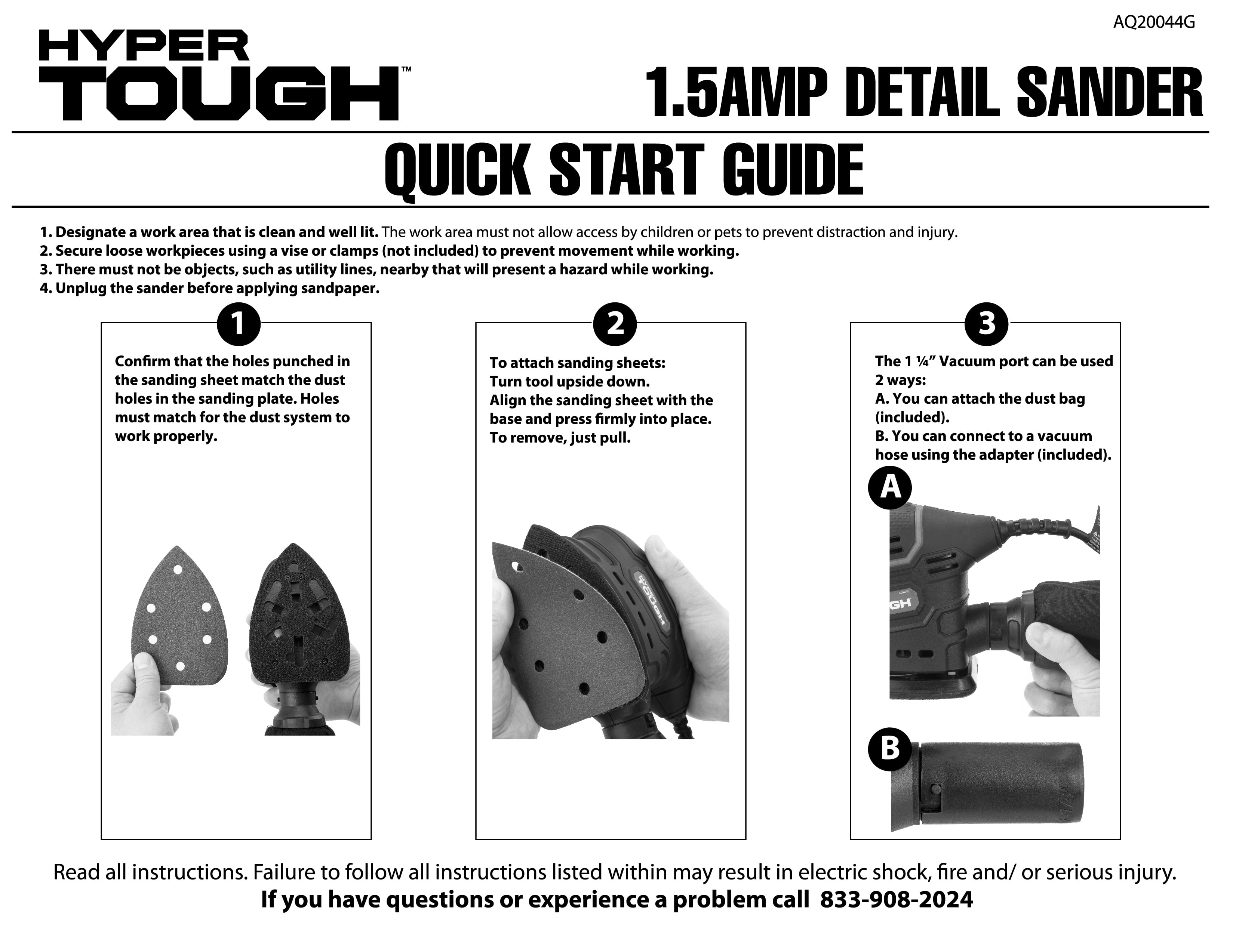 Hyper Tough 1.5 Amp Corded Detail Sander with Dust Bag, Vacuum Hose Adapter  & 3 Sanding Sheets (60, 80 & 120 Grit)