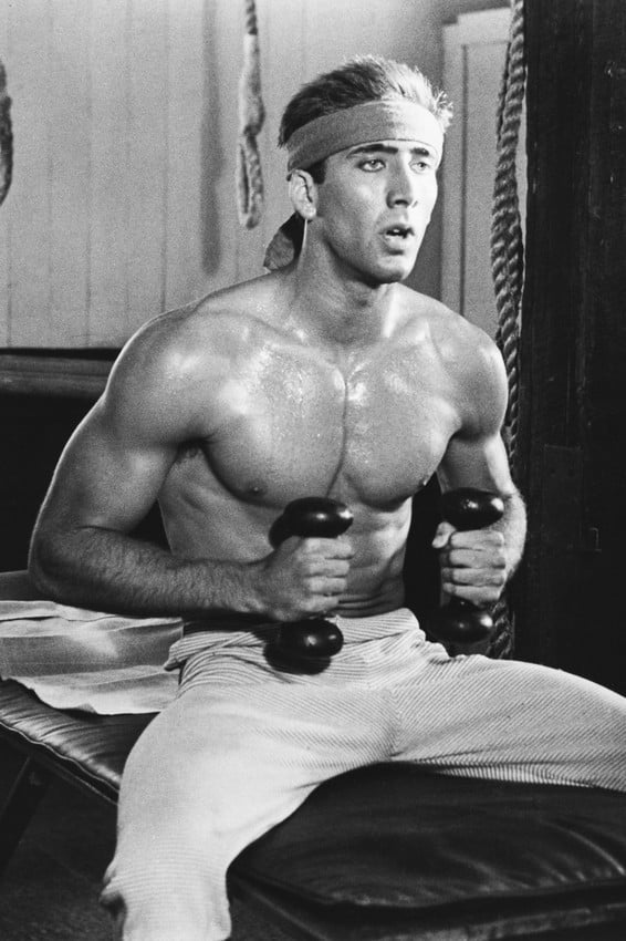 Nicolas Cage barechested working out beefcake lifting weights 24x36