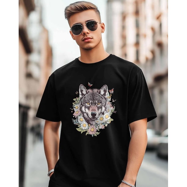 Camisetas de manga corta con estampado de flores de primavera de lobo para hombre, camisetas de cuello redondo
