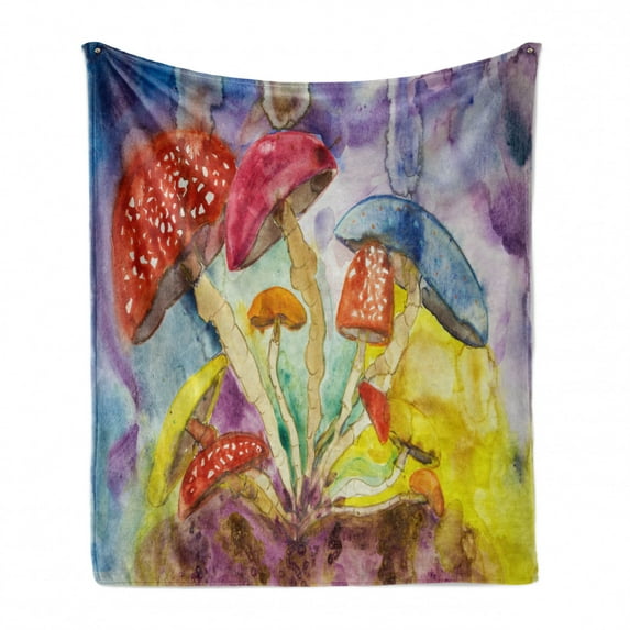 Psychedelic Soft Flannel Fleece Throw Blanket, Watercolor Style Mushrooms Dreamy Grungy Style Enchanted Forest Theme, Cozy Plush for Indoor and Outdoor Use, 60" x 80", Multicolor, by Ambesonne