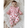 thumbnail image 6 of BemeyourBBs Newborn Newborn Baby Girl Spring Fall Winter Clothes Long Sleeve Romper One Piece Floral Strawberry Print Fake Two Pieces Patchwork Jumpsuit Headband Cute Infant Outfits, 6 of 9