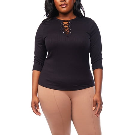 - Womens Plus Size Criss Cross V-Neck 3/4 Sleeve Ribbed Knitted Top 16140-T-XL-Black