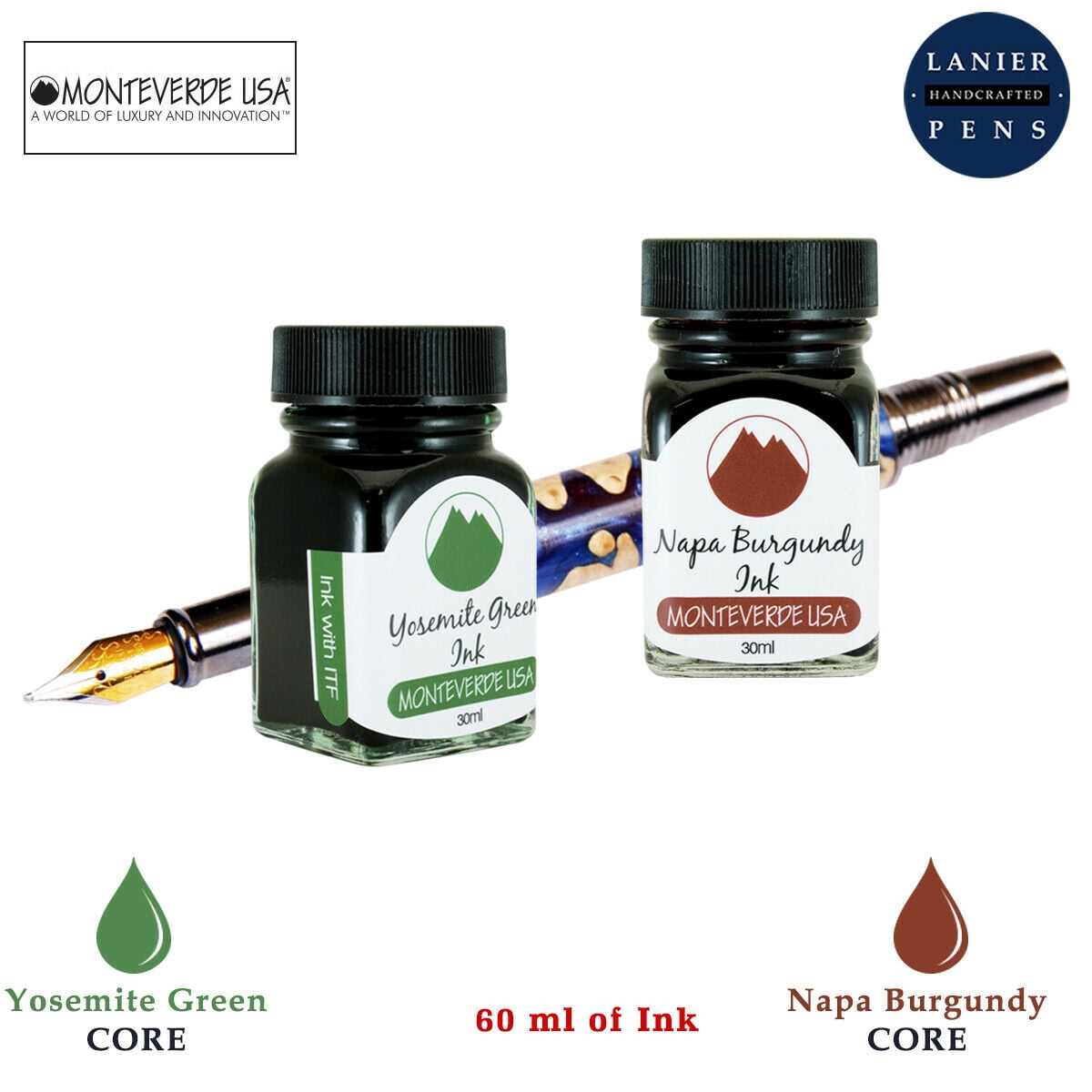 Monteverde 60ml Core Fountain Pen Ink Bottle (30ml Yosemite Green Ink Bottle G309YG, 30ml Napa Burgundy Ink Bottle G309NB)