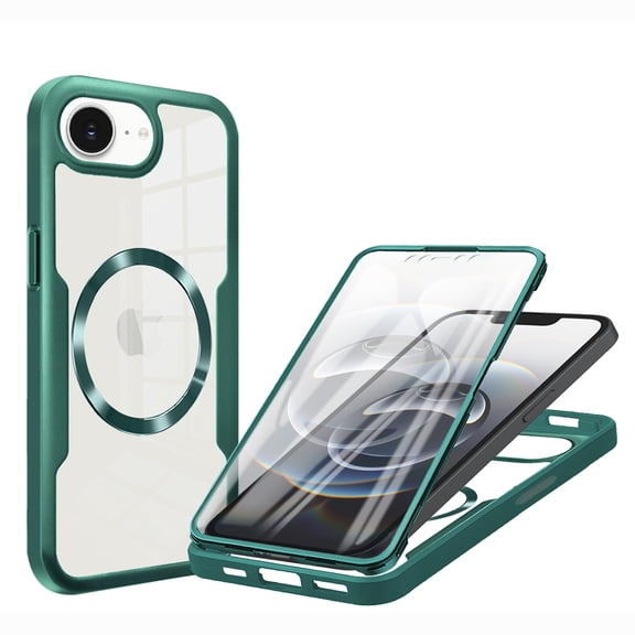 for iPhone 16e Clear Case with Built-in Screen Protector Film, Compatible with Mag-Safe, Military-Grade Protection Yellowing Resistant, Shockproof Magnetic Full Phone Case, Darkgreen