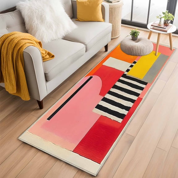 2'x6' Rug Runners for Hallways Kitchen, Pink Red Orange Non Slip Entryway Beside Floor Carpet Runner, Modern Abstract Oil Painted Geometric Washable Laundry Room Bedroom Throw Rugs Mat for Family Pet