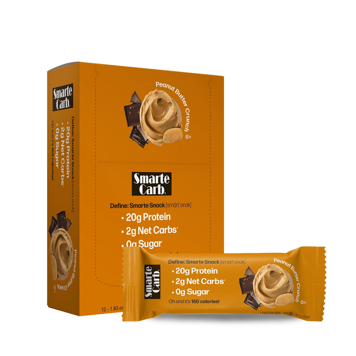 NuGo Smarte Carb Peanut Butter Crunch, 20g Protein, 0g Sugar, 2g Net Carbs, 160 Calories, 12 Count