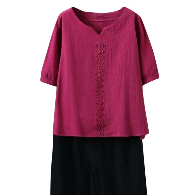 T-Shirt Décontracté Ample pour Femmes Printemps Été Uni avec Broderie, Blouse en Lin à Manches Courtes et Col Rond, Léger et Confortable, Haut Doux et Respirant pour un Usage Quotidien, Coupe Décontractée