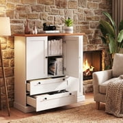 Furnibear 47.5 Farmhouse Buffet Sideboard Credenza Cabinet with 2 Drawers and Adjustable Shelves for Living Room Dining Room - White