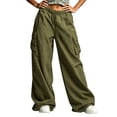 thumbnail image 4 of cocolona Womens Solid Color Casual Loose Cargo Pants Elastic Waist Straight Wide Leg Travel Street Pants with Pockets, 4 of 5