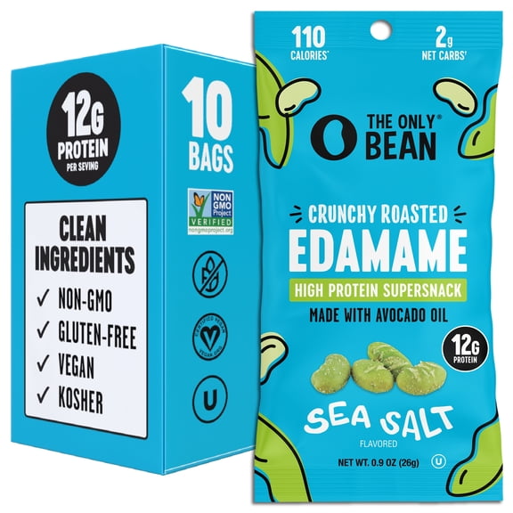 The Only Bean Crunchy Dry Roasted Edamame Snacks (Sea Salt), Keto Snack Food, High Protein (11g) Healthy Snacks, Low Carb Gluten Free Office Vegan Food 100 Calorie Snack Pack, 0.9oz 10 Pack