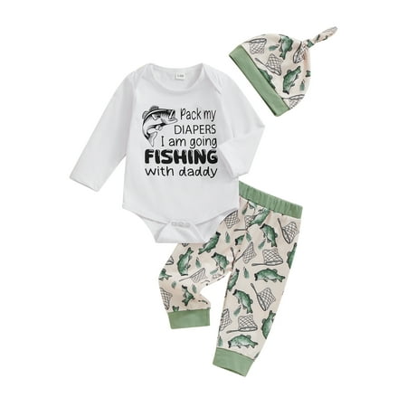 

CocMouse Boys 3PCS Sets Long Sleeve Letter Print Romper Fish Print Pants Hat