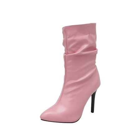

hopeusnice Women s Pointed Toe Stilettos Heel Ankle Boots Slouchy Faux Leather Mid Calf Boots Chunky Heel Dress Boots Fall Winter Shoes Pink 44