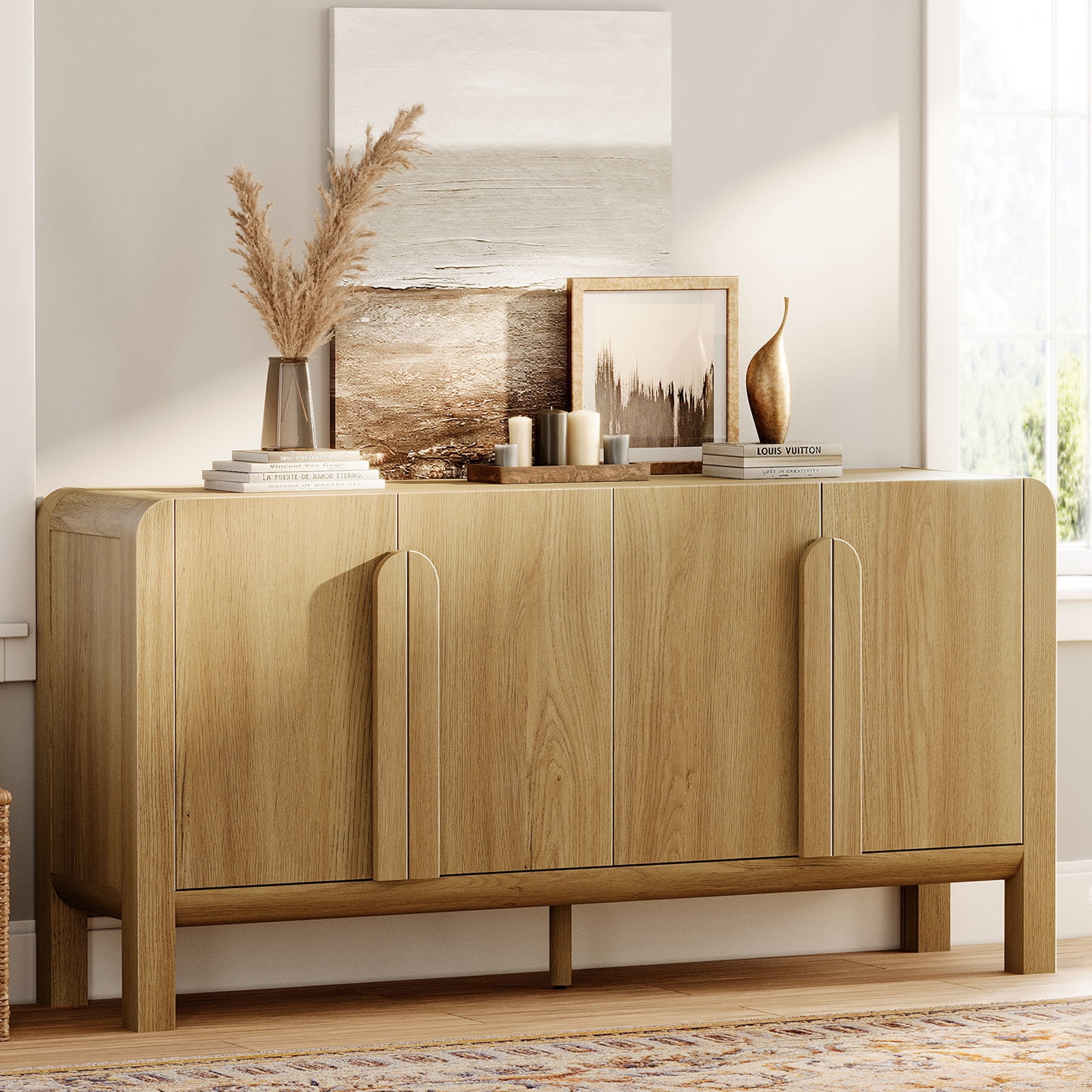 63" Accent Cabinet with 4 Doors and Adjustable Shelves, Modern Credenza Storage Cabinet with Curved Profile Design for Living Room, Kitchen, Dining Room, Hallway
