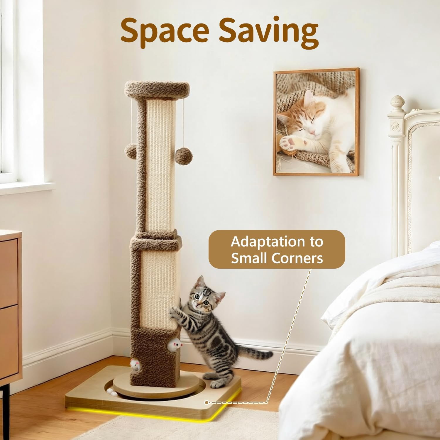 Tall  Scratching Post for Large Cats Kittens, 33 Indoor Sisal Vertical Pole Heavy Duty Square Structure with 4 Interactive Mouse Holes and Track Ball Base, Shields Furniture from Scratches