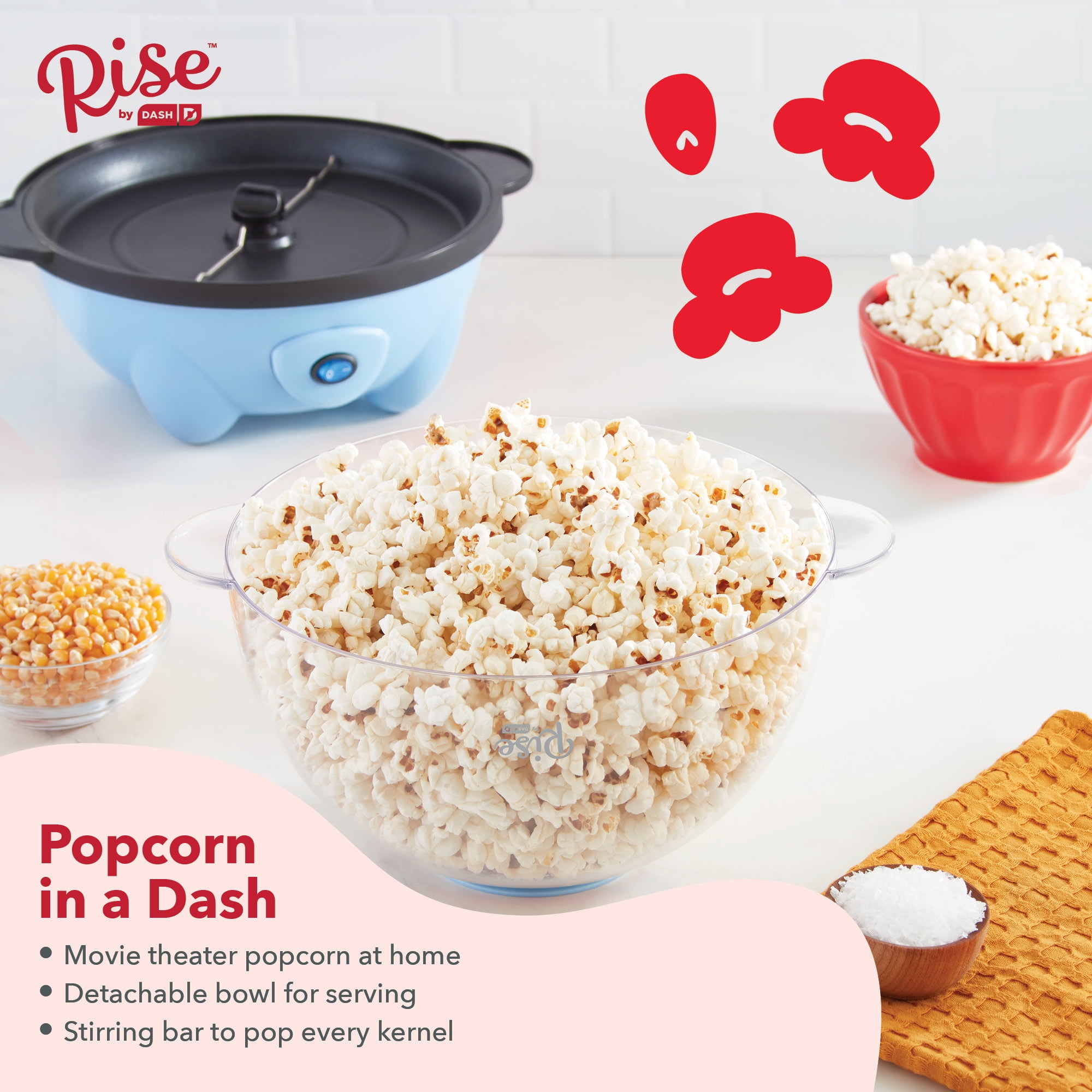 Rise by Dash 4.5 Qt. Stirring Electric Popcorn Popper, Lid, Serving Bowl &  Convenient Storage, 18 Cups – Sky Blue - New - 3 lbs. 