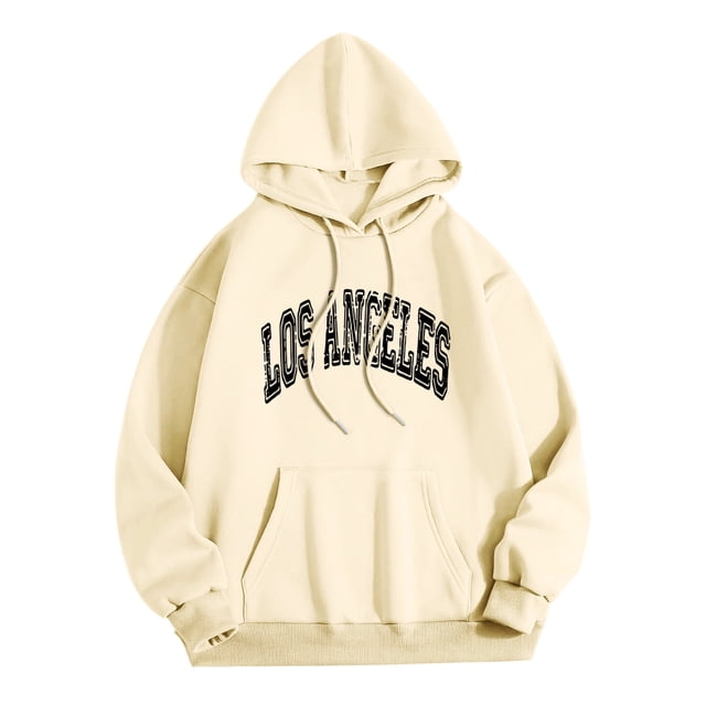 LUOGENLI Chandails à Capuche pour Hommes, Chandail à Enfiler Los Angeles Hommes Femmes, Imprimé Graphique de Lettres, Col Rond, Manches Longues, Chandail en Molleton, Hauts, Chandails à Capuche pour Hommes, Petit Grand, Beige, Taille g