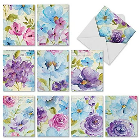 'M1708BN COOL BLOSSOMS' 10 Assorted All Occasions Greeting Cards Feature Soft Watercolor Renderings of Flowers with Envelopes by The Best Card (Best Greeting Card Maker)