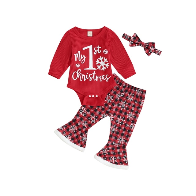 xiaxaixu Baby Girls 3 Piece Outfits Newborn Christmas Ribbed Letter Print Romper and Flared Plaid Pants Headband Set Infant Suits