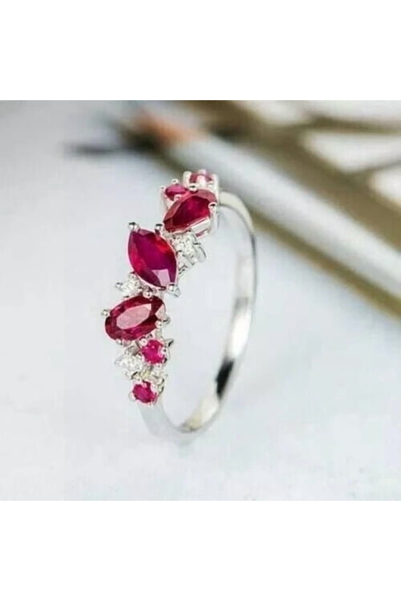 2Ct Marquise Cut Lab-Created Red Red Ruby Half Eternity Ring 14K White Gold Plated Silver