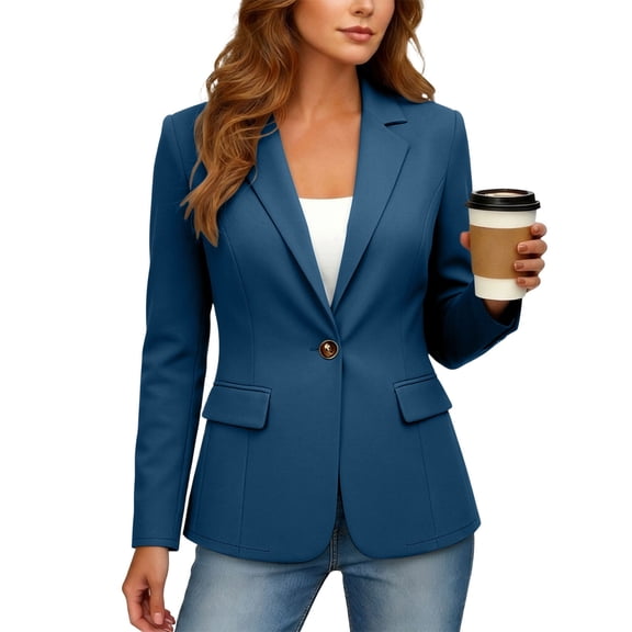thefmos Casual Blazers for Women Winter Business Work Button Down Long Sleeve Open Front Collared Blazer Tops Solid Slim Fit Office Clothes Fall Trendy, Blue M