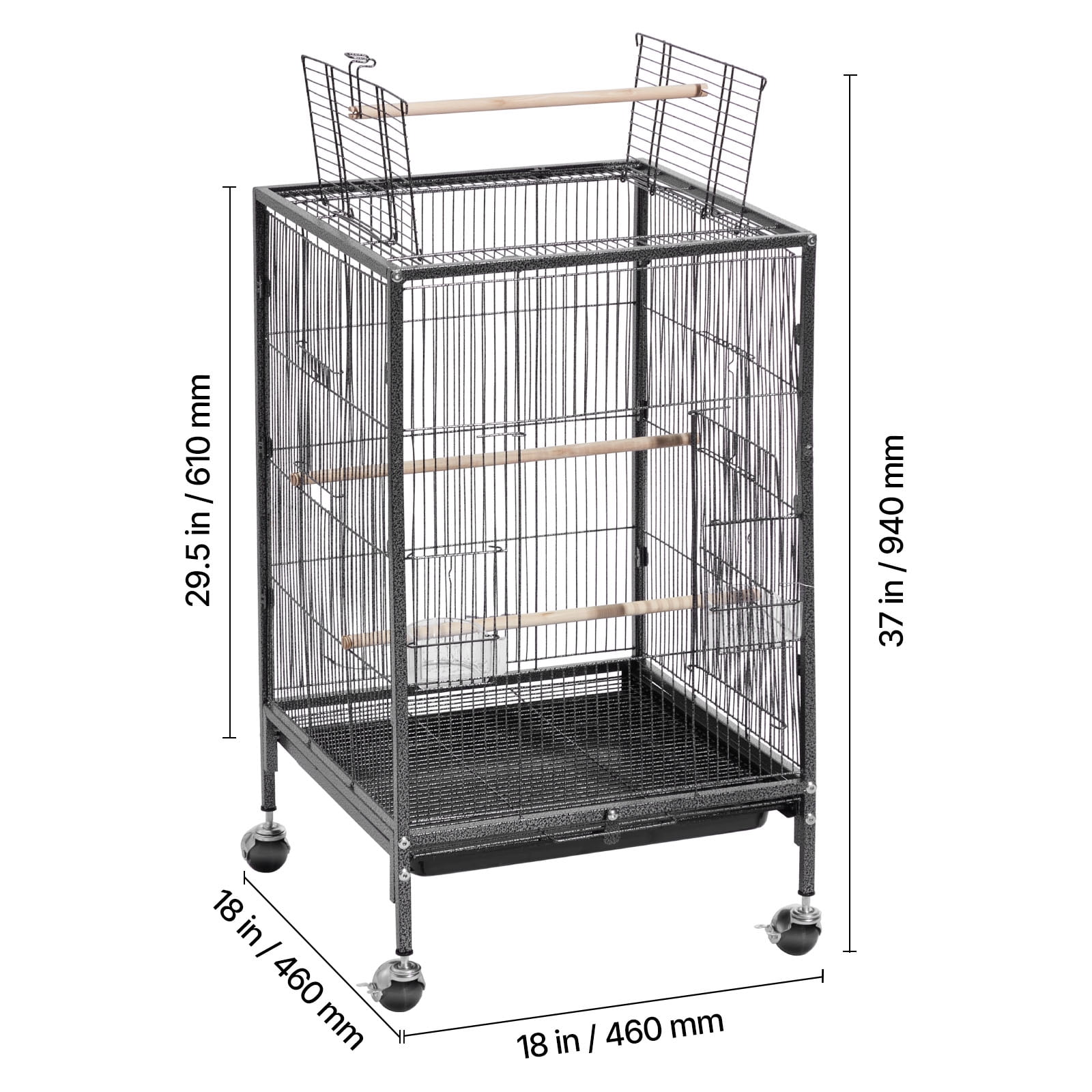 VEVOR Bird Cage, 18 x 18 x 30 inch, Open Flat Top, Wrought Iron Bird Flight Cage with Perches, Slide-Out Tray and Plastic Feeders, Casters, for Parrot, Blue Tit, Cockatiel, Canary, Budgerigar, Conure