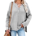thumbnail image 2 of Suéter De Punto Cuello En V Medio Botones Color Puro Abertura Lateral Manga Larga Suéter Suelto Para Mujer Gris L, 2 of 6