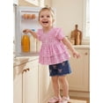 thumbnail image 4 of BemeyourBBs Toddler Baby Girl Summer Clothes Denim Outfits Plaid Short Sleeve Tunic Shirt Tops Strawberry Bowknot Floral Embroidery Jeans Shorts Set, 4 of 9